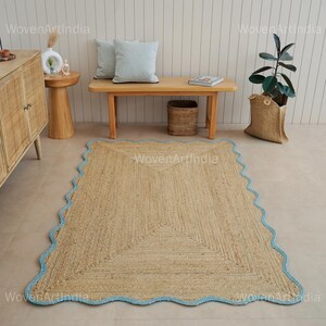 Natural Jute Rug- Wavy Scallop Edge Rug, Handwoven Bohemian Area Rug, Sustainable, Custom Doormat, Eco-Friendly