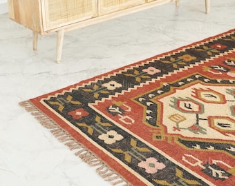 Alfombra Kilim Navajo de yute y lana hecha a mano, estilo bohemio geométrico