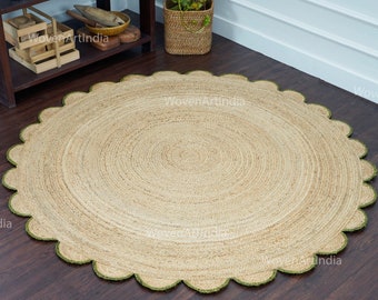 Boho Round Jute Rug Handmade Green Scalloped Natural Fiber Area Rug, Farmhouse Living Room Doormat