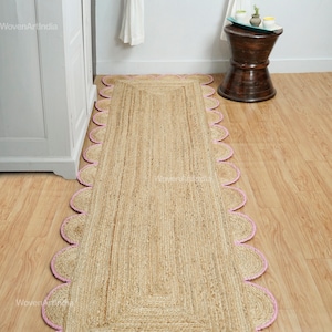 Scallop Natural Jute Rug, Pink Scalloped Runner, Bohemian Rug, Braided Area Runner, Décor Runner, Boho Rug, Jute Area Rug, Custom Size Rug