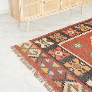 Handwoven Wool Jute Kilim Rug, Bohemian Geometric Dhurrie, Eco Rustic Deco