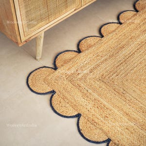 Braided Scallop Rug, Navy Jute Scalloped Rug, Handmade Textured Area Rug, Custom Size, Sustainable, Eco-Friendly