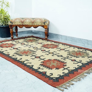 Handmade Wool Jute Kilim Rug, Indian Dhurrie Rug, Vintage Flatweave Carpet, Navajo Kilim Rug, Boho Area Rug, Ecofriendly Rug, Geometric Rug