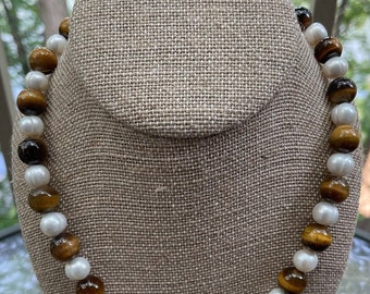 Freshwater Pearl & Tiger's Eye Necklace 18", One-of-a-Kind Real Large 10mm White Pearl and Tiger's Eye Necklace, June Birthstone