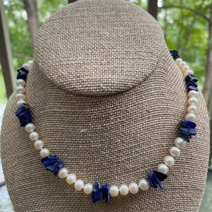 Freshwater Pearl & Lapis Azuli Choker 16", Real White 7mm Pearl and Blue Lapis Necklace, June Birthstone, December Birthstone