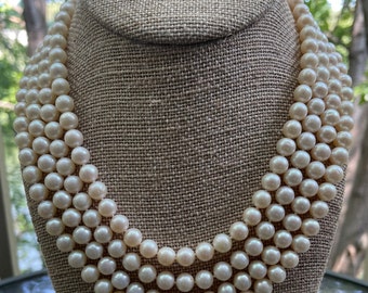 Genuine Freshwater Pearl Necklace 16", Real 7mm White Pearl 4-Strand Choker, Bridal Choker, June Birthstone
