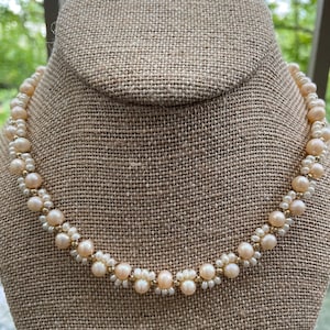 Real Blush Freshwater Pearl & Seed Pearl Choker 16&quot;, Genuine 7mm Pink and White Pearl with Gold Bead Necklace, June Birthstone