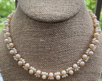 Real Blush Freshwater Pearl & Seed Pearl Choker 16", Genuine 7mm Pink and White Pearl with Gold Bead Necklace, June Birthstone