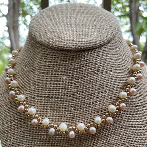 Blush & White Freshwater Pearl with Gold Bead Choker 16&quot;,  Real Pink and White 7mm Pearl Necklace, June Birthstone