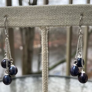 Genuine Black Freshwater Pearl Dangle Earring, Real Pearl & Silver Drop Earring, June Birthstone