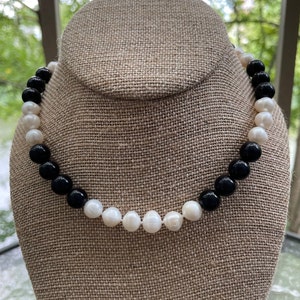Large Genuine Freshwater Pearl & Onyx Choker 15&quot;, Real 10mm White Pearl and Black Onyx Necklace, June Birthstone