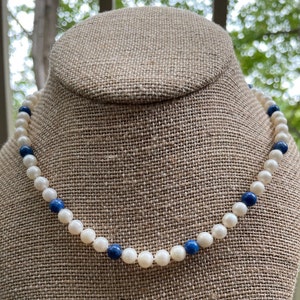 Freshwater Pearl & Lapis 16" Choker, Real 7mm White Pearl and Blue Lapis Necklace, June Birthday, December Birthday