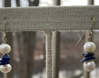 Genuine Freshwater Pearl & Lapis Drop Earring, Real White Pearl and Lapis Lazuli Dangle Earring, June Birthstone, December Birthstone,