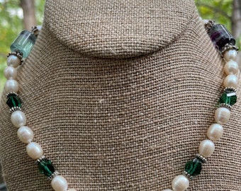 Freshwater Pearl & Gemstone Choker 16",  Real 7mm Pearl with Purple and Green Crystals Necklace, June Birthstone