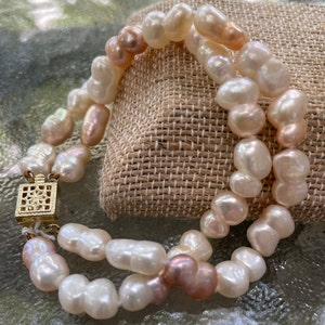 Real Baroque Blush Freshwater Pearl Bracelet 7&quot;, Real Natural Pink Pearl 2-Strand Bracelet, June Birthstone