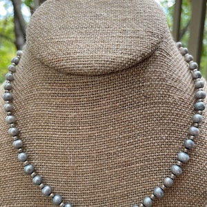 Genuine Freshwater Pearl & Silver Bead Choker 16&quot;, Real 6mm Light Gray Pearl with Silver Bead Necklace, June Birthstone