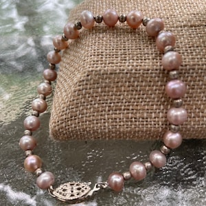 Genuine Blush Pearl & Silver Bead Bracelet 7&quot;, Real 6mm Pink Pearl and Silver Bead Bracelet, June Birthstone