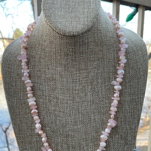 Blush Freshwater Pearl & Rose Quartz 23&quot; Necklace, Real Baroque Freshwater Pearl and Pink Rose Quartz Necklace, June Birthstone Gift