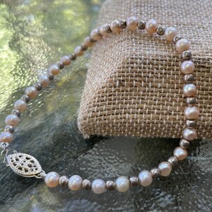 Dainty Blush 4mm Pearl & Silver Bead Bracelet, Real Pink Freshwater Pearl and Silver Bead Bracelet, June Birthstone