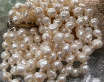 Genuine Baroque Freshwater Pearl Bracelet 7", Real Freshwater White Pearl 10-Strand Chunky Bracelet, Bridal Bracelet, June Birthstone