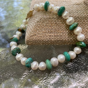 Pearl & Turquoise Bracelet, White Freshwater Pearl Bracelet, Turquoise Bracelet, Real Pearl with Turquoise Bracelet,