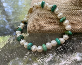 Bracciale In Argento 925 Con Perle D'Acqua Dolce E Turchese - Gioiello Fatto A Mano Per Donna