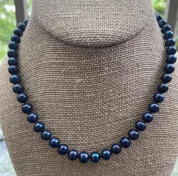 Navy Blue Pearl Necklace Real Pearl Necklace Blue Pearl Etsy