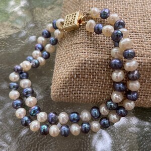 Genuine Freshwater Gray & White Pearl Bracelet 7&quot;, Real 5mm Pearl 2-Strand Bracelet, June Birthstone