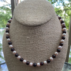 Genuine Blush Freshwater Pearl & Garnet Necklace 16&quot;, Real 7mm Pink Pearl and Garnet Choker, June Birthstone, January Birthstone