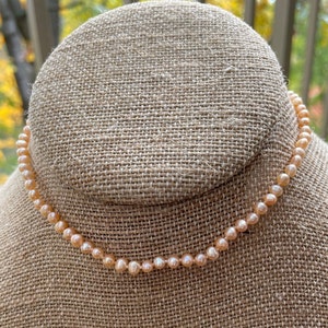 Genuine Tiny Freshwater Pink Pearl Necklace for Toddlers 12&quot;, Real Blush 4mm Pearl Choker, June Birthstone