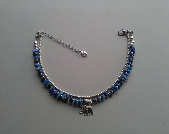 Bracelet de cheville en lapis-lazuli, bracelet de cheville à charme éléphant, bracelet de cheville en pierre précieuse, bracelet de cheville de plage, bijoux en lapis-lazuli, charme porte-bonheur éléphant, cadeau pour elle
