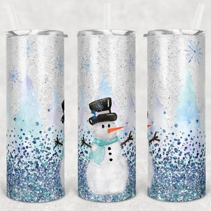 Snow man and crisp blue glitter decorate this stainless steel tumbler, insulated, add a name free, 20 or 30 oz.