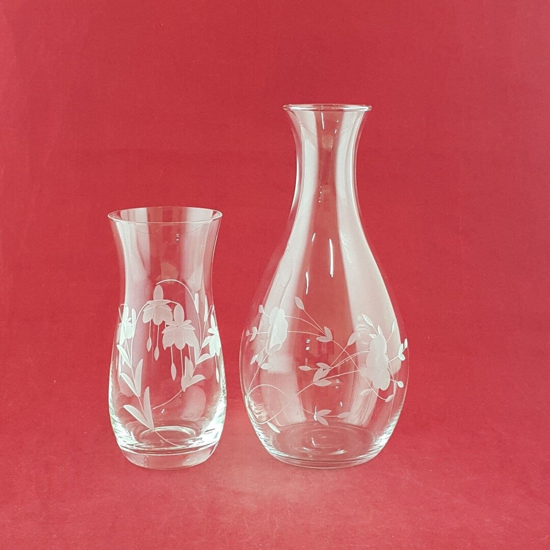 Vintage Pair of Clear Glass Etched Vase With Flowers 7836 OA Etsy