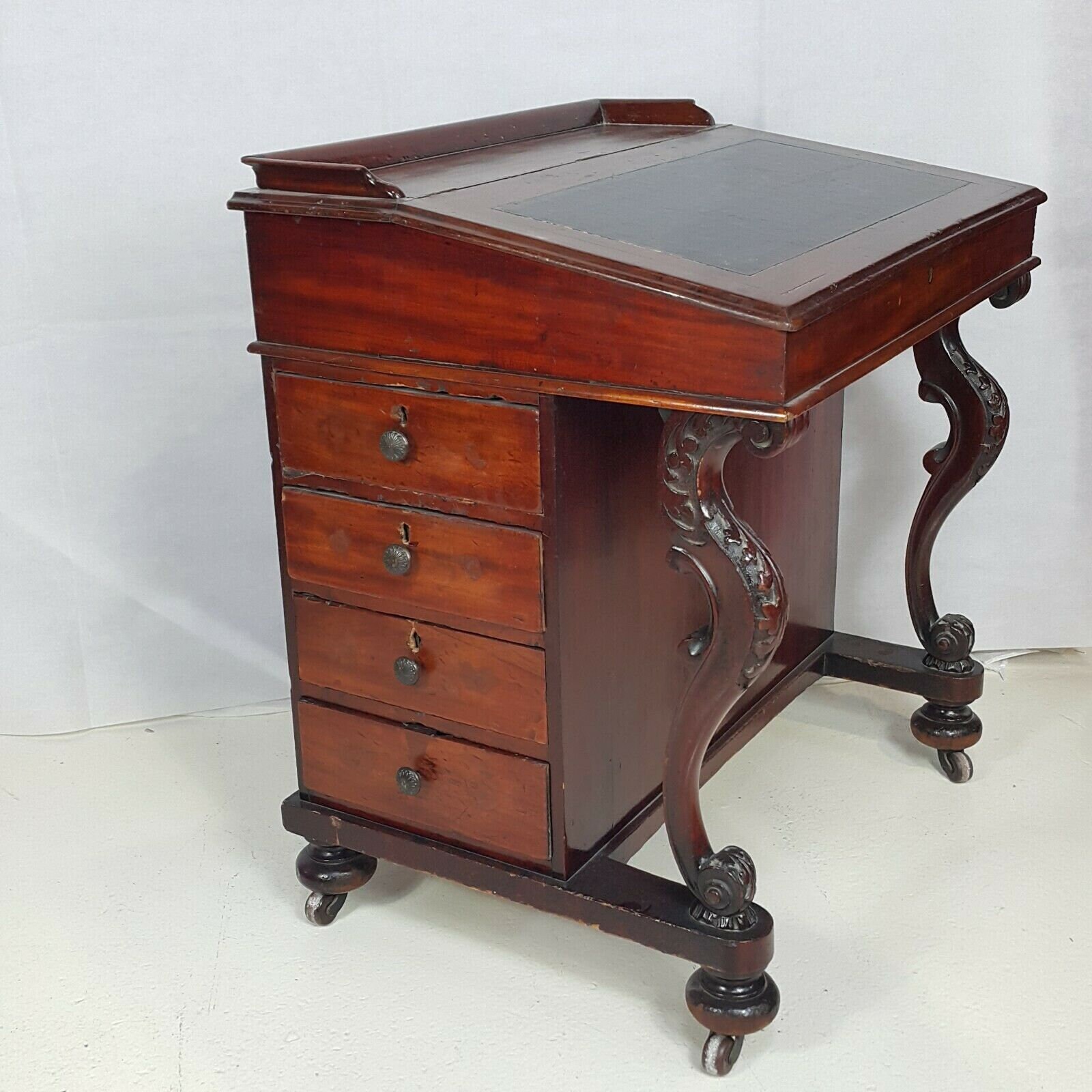 SOLD. Antique Sage Green 6 Drawer Writer’s Office Desk with Brass Knobs.  Work from Home desk laptop desk. Hand Painted Desk. Farmhouse desk.