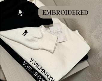 Customised embroidered Couple sweatshirt, Roman Numeral Crewneck, Anniversary Date, Wedding Date, valentines Day Matching Couples Sweatshirt