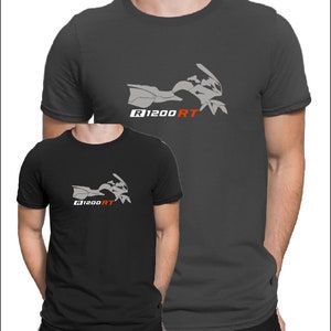 May include: Two t-shirts featuring a grey silhouette of a motorcycle and the text "R1200RT" in red. The t-shirt on the left is black and the t-shirt on the right is grey.