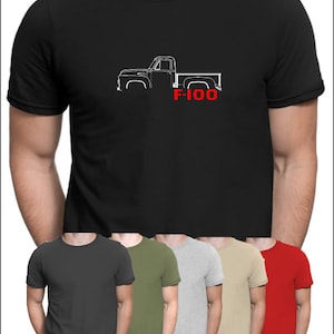 May include: A set of six t-shirts in various colors, including black, dark gray, olive green, light gray, beige, and red. Each shirt features a white outline of a classic Ford F-100 pickup truck with the text "F-100" in red.