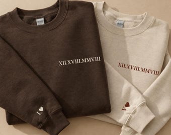 Sudadera personalizada para parejas, cuello redondo con números romanos, fecha de aniversario, fecha de boda, sudadera a juego para parejas para el día de San Valentín.