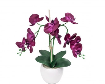 Artificial orchids in the pot Eggplant N-13053-8 -2 panicles Orchid pot Ceramic Orchid Phalaenopsis H. about 44 cm