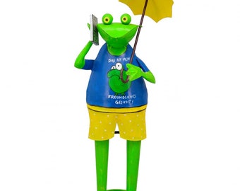 Frosch mit Handy und Schirm 235093 H 52 cm Sonnenschirm Regenschirm Gartenfrosch Dekofrosch Gartendeko  Figur Metall (dunkelblaues Shirt)