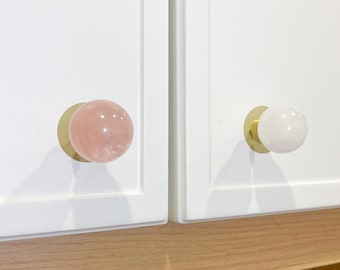Pomello per mobile in quarzo rosa, pomello per cassetto in ottone cristallo lavorato a mano