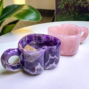 Natural Dream Amethyst Coffee Cup Set, Rose Quartz Heart Cup, Crystal Couple Heart Mug, Hand-carved Crystal Coffee Mug, Home Decor Gift