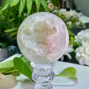 Wunderschöne rosa und grüne Amethyst-Sphäre, druzy Amethyst mit Calcit-Sphäre, Energiekristall, Heilkristallballgeschenk, Wohnkultur