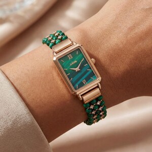 Green Malachite Beaded Bracelet Watch with Gold & Crystal Accents Petite Green Malachite Gemstone Beaded Watch Bracelet, Very  main image 3