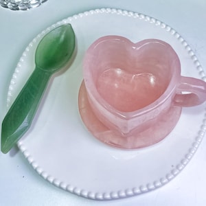 High Quality Rose Quartz Coffee Mug, Crystal Couple Heart Mug, Hand-carved Crystal Cup, Crystal Spoon, Home Decor, Valentine&#39;s Gift