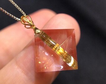 Golden Rutilated Quartz Pendant, 18k Gold Inlaid Vintage Necklace