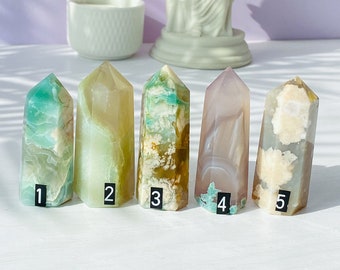 Natural Green Flower Agate Towers Obelisks Points，Crystal Home Decor，Crystal Gift