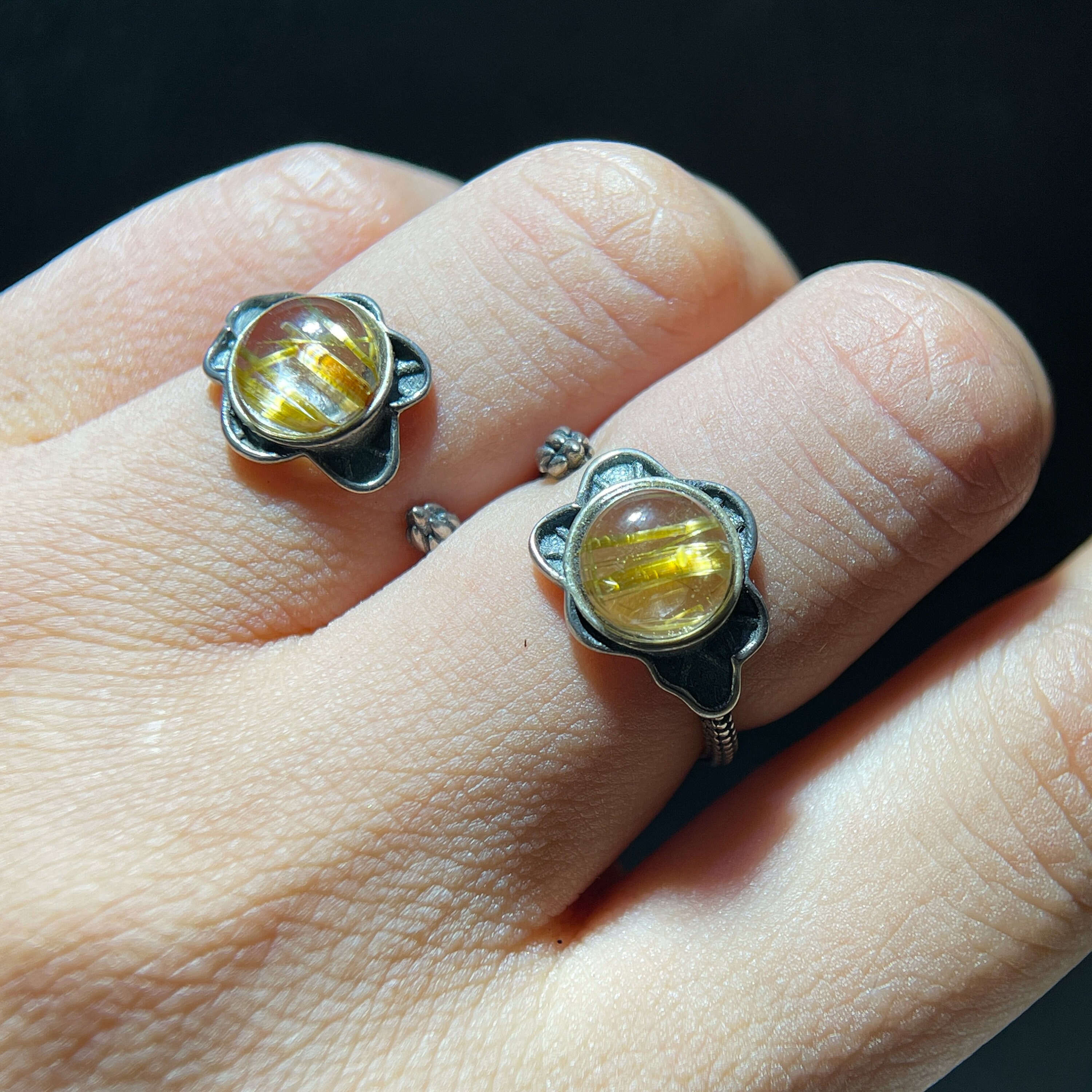 ゴールドルチルクォーツリング、S925スターリングシルバー、調節可能