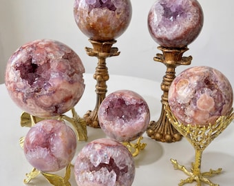 Esfera de geoda de amatista rosa, decoración de cristal brasileño