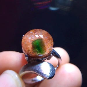 Rare Green Tourmaline With Orange Quartz Ring, Phantom Quartz Inclusion, Vintage Jewelry, 925 Silver Inlay, Adjustable Ring, Birthday Gift